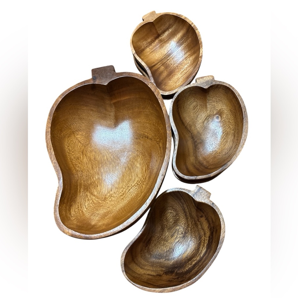 Wooden Solid Teak Handcrafted Pepper Shaped Salad Serving Bowls Set 7 Piece